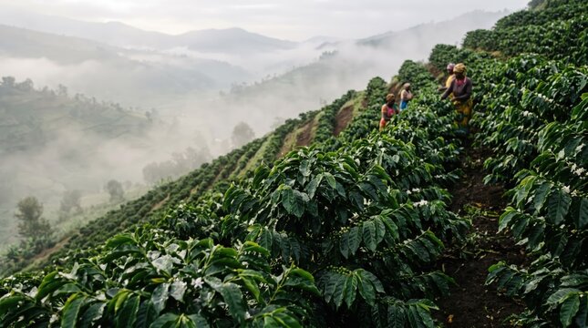 African farmers harvesting coffee beans in lush green fields surrounded by misty mountains during early morning light in a rural agricultural landscape