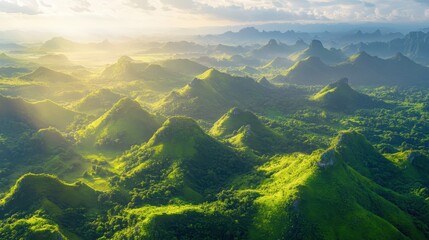 Fototapeta premium Expansive aerial view of lush green mountain ranges bathed in golden sunlight, a majestic natural landscape