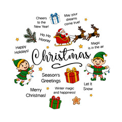 Circular poster. Festive Christmas design featuring elves, gifts, Santa, and holiday greetings  © Arniya