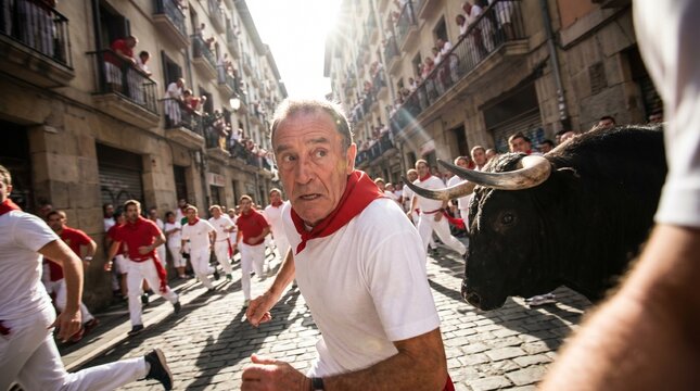 Encierro de San Ferm&iacute;n con corredores y toros en Pamplona