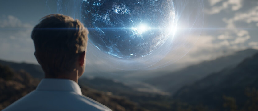The Observer and the Orb: A lone man looks on, captivated, as a glowing, ethereal orb hangs in the sky above a scenic mountain landscape, suggesting a moment of profound discovery or cosmic encounter.