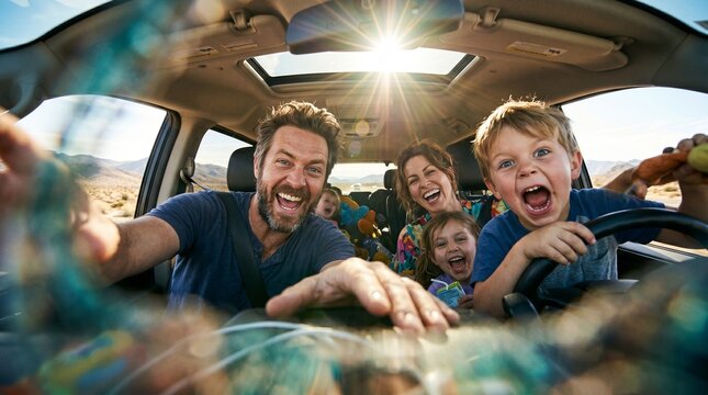 Fam&iacute;lia sorrindo em um carro em movimento durante uma viagem