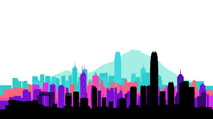 Obraz premium Vibrant abstract cityscape silhouette with colorful buildings and mountains in the background.