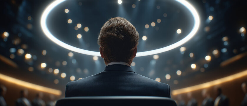 Standing at the Podium: A lone figure, seen from behind, stands at a podium facing an expectant audience in a grand hall illuminated by a circular light fixture.