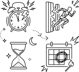 Naklejka premium Time Management Deadline and Urgency Line Art Vector Icon Set with Alarm Clock and Hourglass