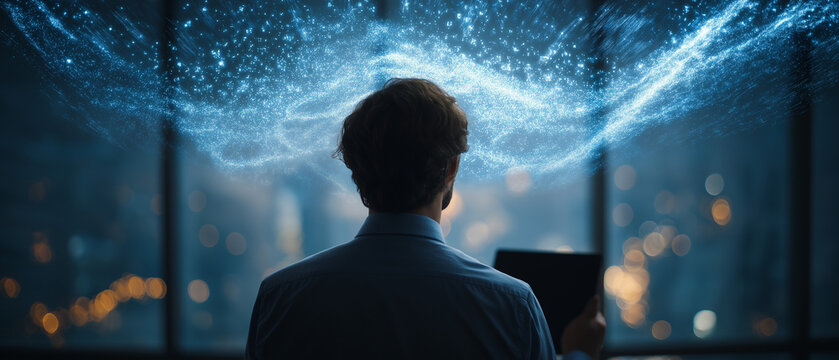 Abstract Mindscape: A man with his back to the viewer, illuminated by a mystical blue energy field swirling around his head, is immersed in deep thought or a breakthrough idea.