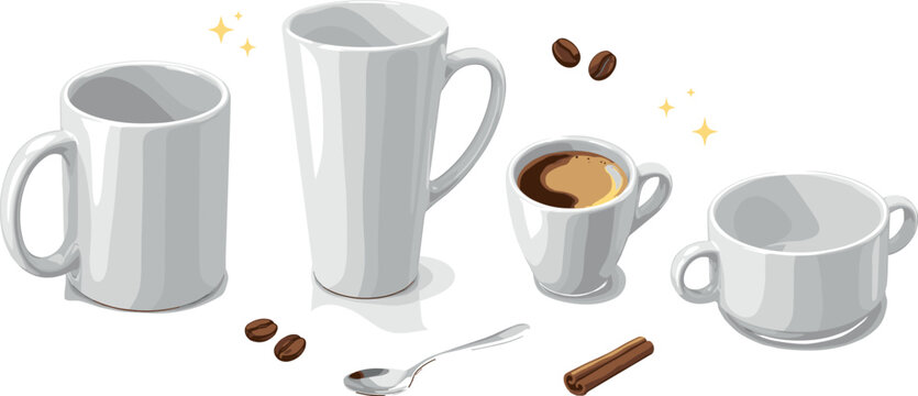 White ceramic coffee cups and mugs vector set featuring empty espresso cup latte glass teaspoon cinnamon stick and roasted coffee beans vector illustration