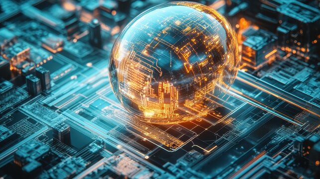 Futuristic glowing sphere with intricate circuits representing digital technology and global data networks, isolated on a vibrant background.