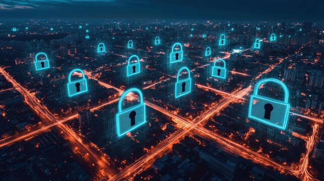 Glowing digital locks forming encrypted network connections over a city landscape at night