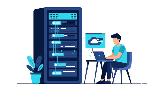 IT Professional Managing Cloud Computing and Server Infrastructure, Flat Vector Illustration of Data Center Management and Web Hosting Services