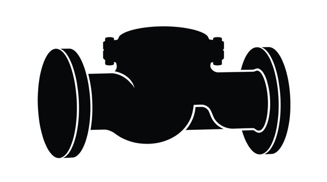 Detailed black silhouette of a heavy industrial globe valve showing metallic flanges and a sturdy construction isolated on a plain white background for engineering design projects