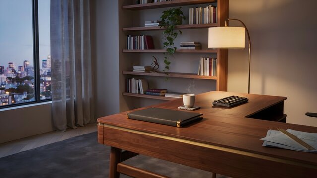 Modern home office setup featuring a wooden desk, bookshelf, table lamp, and city view window