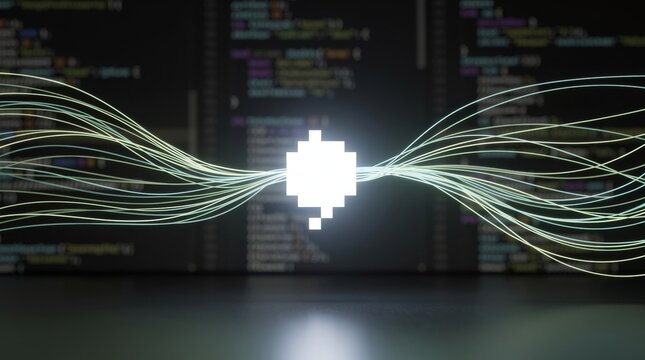 Abstract digital data stream connecting a glowing core on a code background