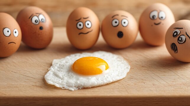 Cartoon eggs with surprised expressions around fried egg