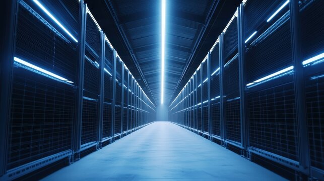 Modern server farm with glowing digital data pathways and futuristic AI integration