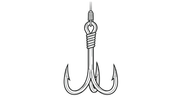 Detailed black and white line art illustration of a sharp triple-pronged fishing hook with a knot at the top on a white background.