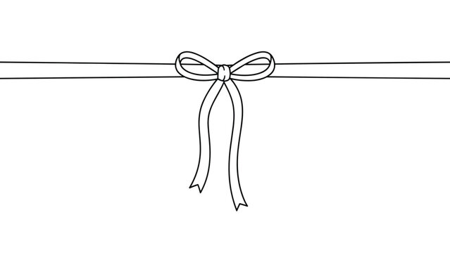 Minimalist black and white line art illustration of a thin ribbon tied into a delicate bow horizontally across a white background.