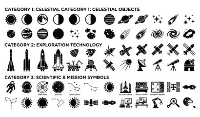 Space Exploration Silhouette Icon Set with Astronomy Equipment Celestial Bodies and Universe Symbols © MstBrishti
