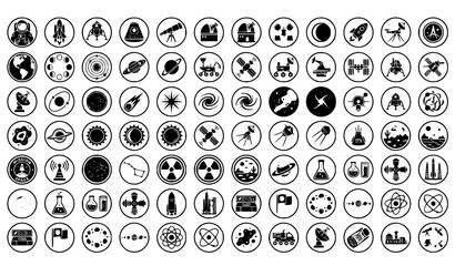 Black Space Exploration and Astronomy Icon Set with Planets Rockets Satellites and Cosmic Symbols © MstBrishti