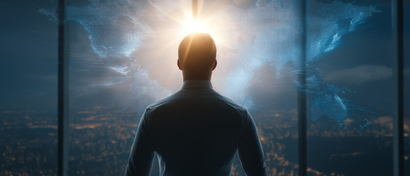 Visionary at Dawn: A solitary figure stands silhouetted against the rising sun, gazing out over a sprawling cityscape from a high-rise window, embodying ambition and the promise of a new day.
