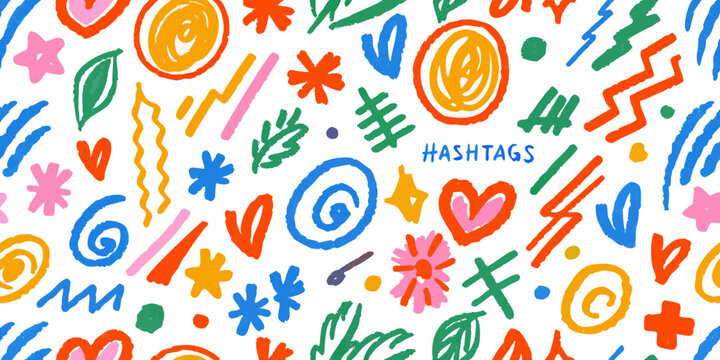 Colorful hand drawn doodle pattern with hearts stars and abstract shapes