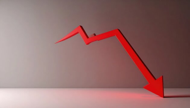 Red 3D downward trend arrow depicting financial decline.