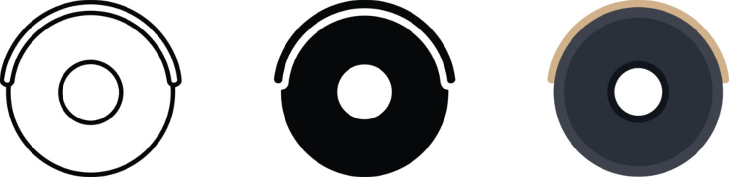 Round vacuum cleaner robot icons set in outline, solid, and colored styles and icon, and cleaning