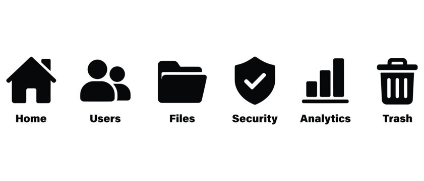 Set of digital interface navigation icons including home users files security analytics and trash with security analytics interface navigation business management software