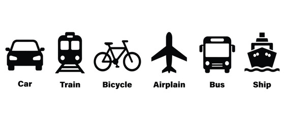 Set of transportation and transit mode icons including car train bicycle airplane bus and ship with airplane transportation silhouette collection traveling transport shipping © Romzain