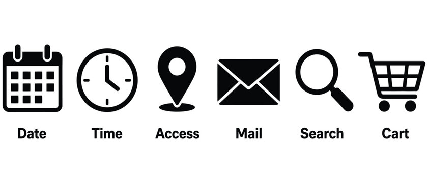 Web store management icons including date time access mail search and shopping cart with commerce calendar location shopping navigation pictogram interface business envelope