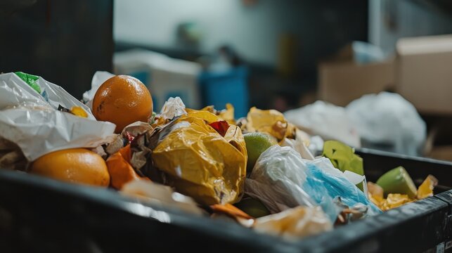 Piled Food Waste in Grocery Store Trash Compactor with Texture Emphasis