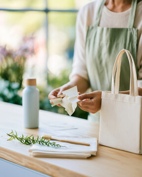 Florist Arranging Seed Paper Tags in Eco Friendly Flower Shop