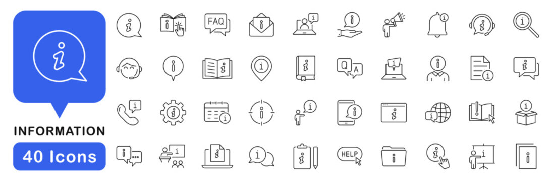 Information icon set. Info icons in line style. Editable web icons instruction, info center, guide, inform, reference, help etc. Vector illustration.