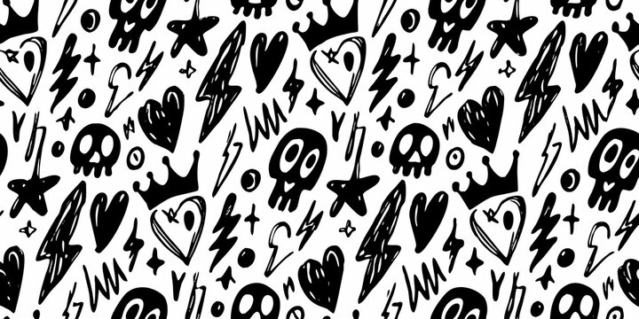 Skull heart and lightning bolt pattern black and white vector illustration