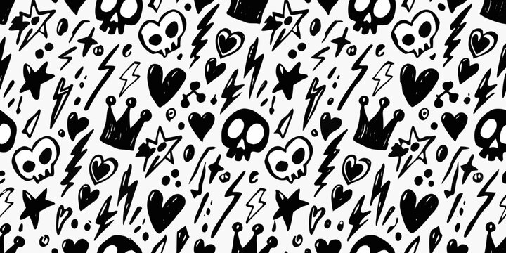Skull heart and star pattern with lightning bolts black and white
