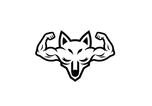 Strong wolf mascot logo with flexing muscular arms
