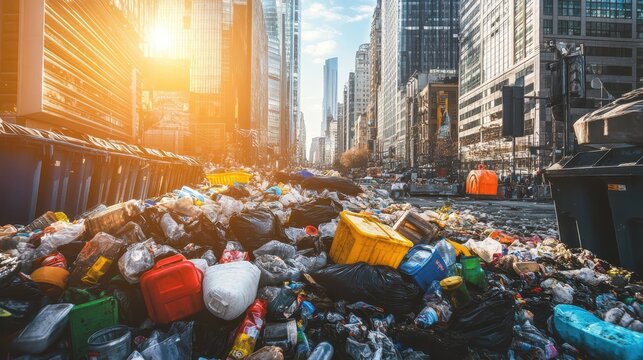 Overflowing trash bins lining a busy urban street, showcasing the stark reality of overconsumption and waste.