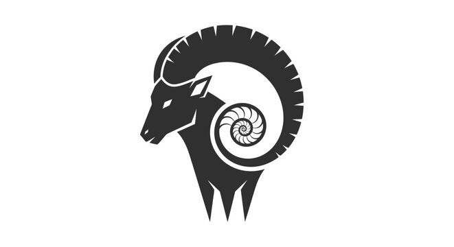 Stylized black ram head illustration against white background design element
