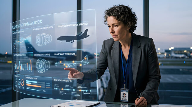  Airline risk officer reviewing flight safety data and mechanical failure statistics on transparent display, aircraft silhouette, runway blurred, proactive maintenance concept