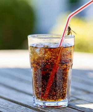 glass of drink with straw on outdoor table, wasp crawling on straw