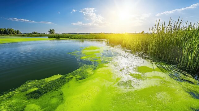 Vibrant green algae bloom covering a polluted stream under bright sunlight and a blue sky