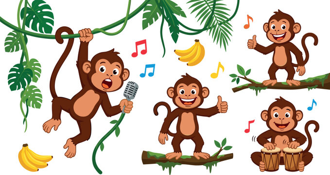 Cute monkey cartoon character collection swinging on liana singing with microphone playing bongo drums and standing in jungle forest vector illustration set