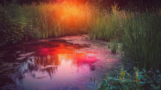 Vibrant toxic algae bloom spreading across a small forest pond reflecting warm sunset light.