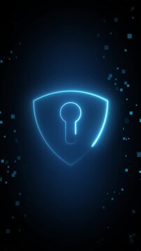 Glowing blue shield with a keyhole on a dark digital background, showing cyber security, data protection, privacy and safe online access in a modern tech style.