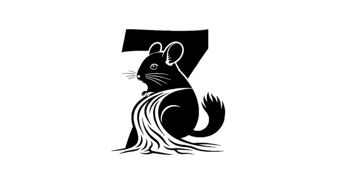 Black and white mouse illustration with stylized tail.