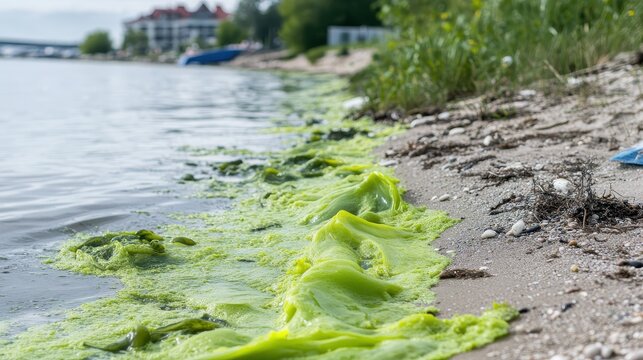 Vibrant toxic algae bloom washing ashore on a polluted beach after a storm, highlighting environmental damage