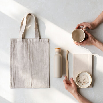 Minimal Reusable Lifestyle Flat Lay with Tote Bag and Mug