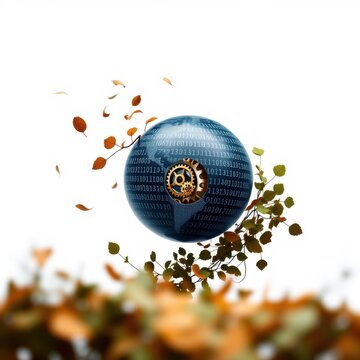 Globe covered in binary code, autumn leaves falling. Nature meets technology, digital world concept. Bright colors, soft focus.