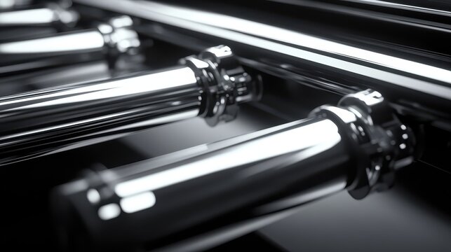 Sleek chrome industrial machinery components with reflective surfaces in soft professional lighting