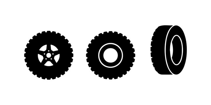 Minimal black silhouette rubber wheel tire icon, simple flat vector, bold black shape, no shading set of  black bicycle wheels with different spoke patterns on a, flat icon style,Black rubber wheel 